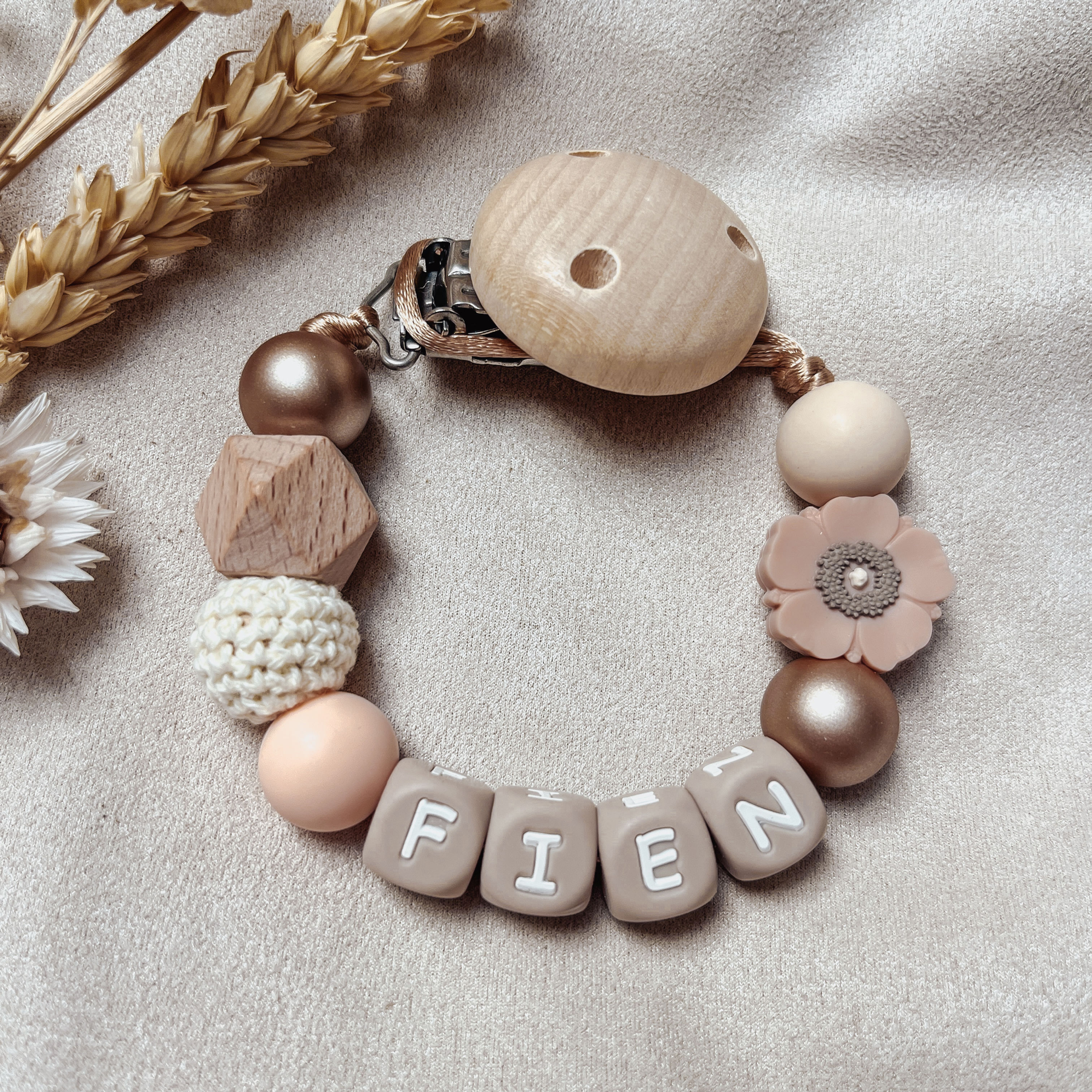 Speenkoord met naam Bloem Nude Brons