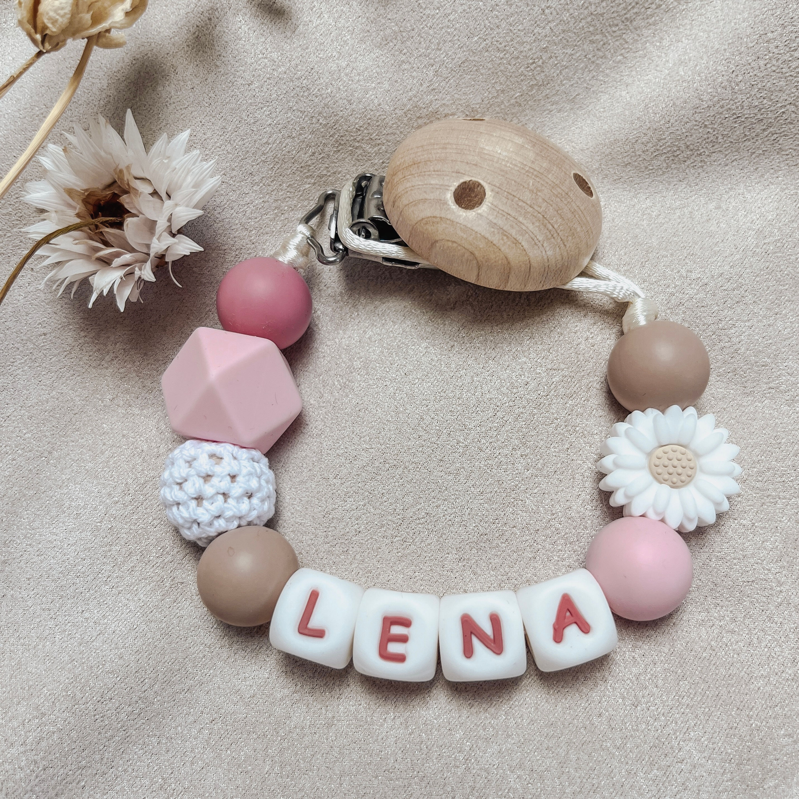 Speenkoord met naam Bloem Roze Oatmeal 