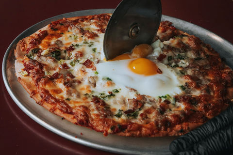 You Bacon Me Crazy breakfast pizza at Upper Crust Pizza Santa Cruz CA
