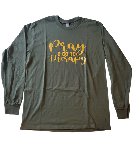 Pray & Go To Therapy Military Green and Yellow Long Sleeve Crew Neck Shirt