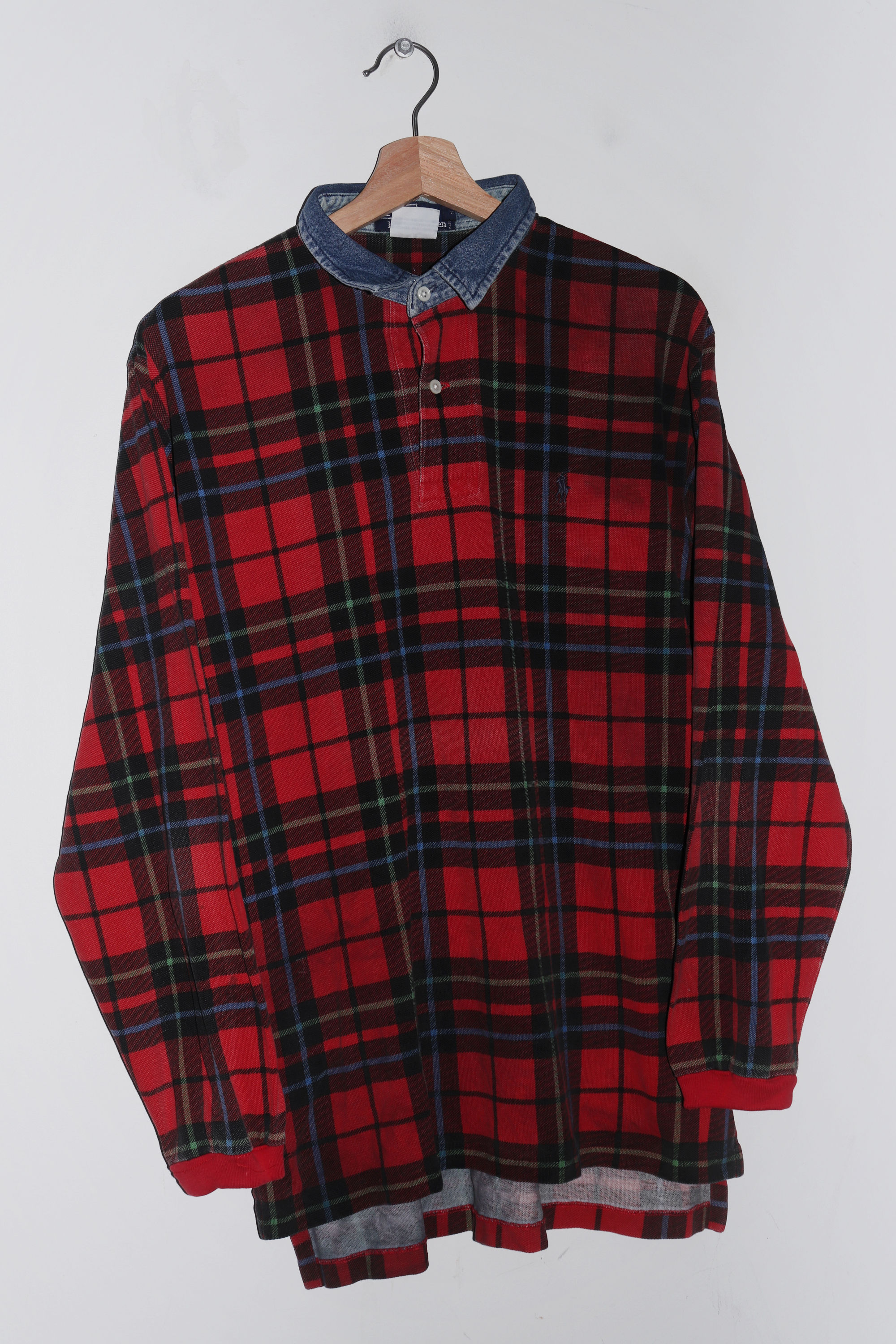Vintage Polo Ralph Lauren Logo Tartan Denim Collared Long Sleeve Polo (M)