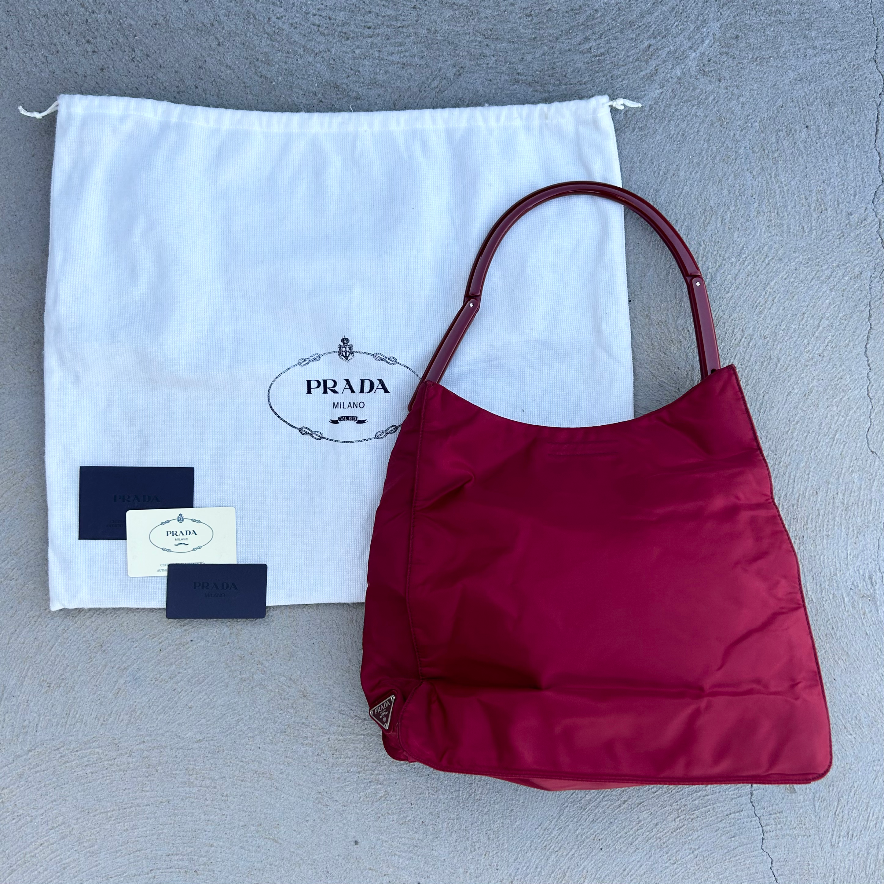 Vintage Prada Nylon Wine Red Hand Bag w/ cards & dustbag