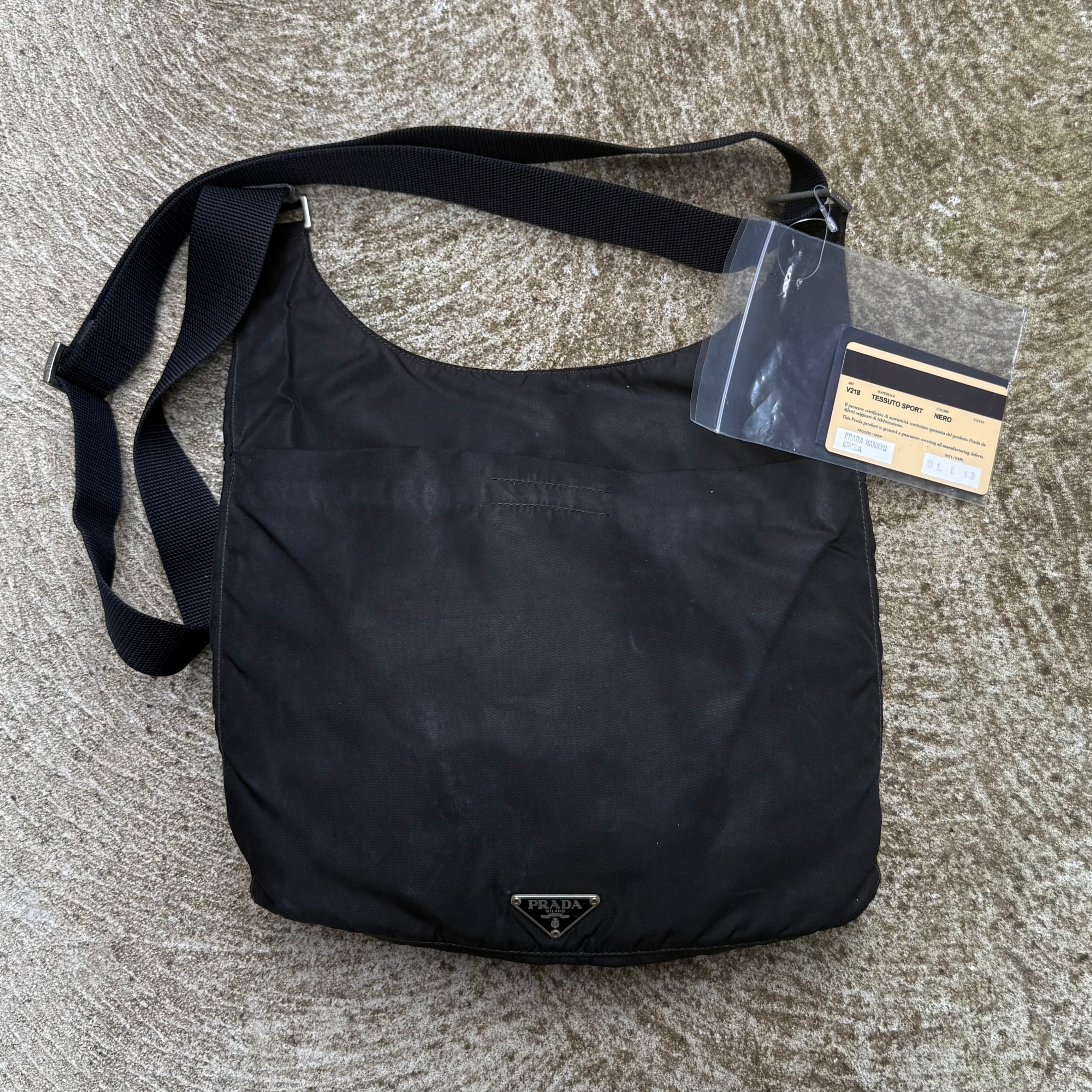 FW2013 Prada Black Nylon Plate Logo Large Faded Black Crossbody Bag w/ cards
