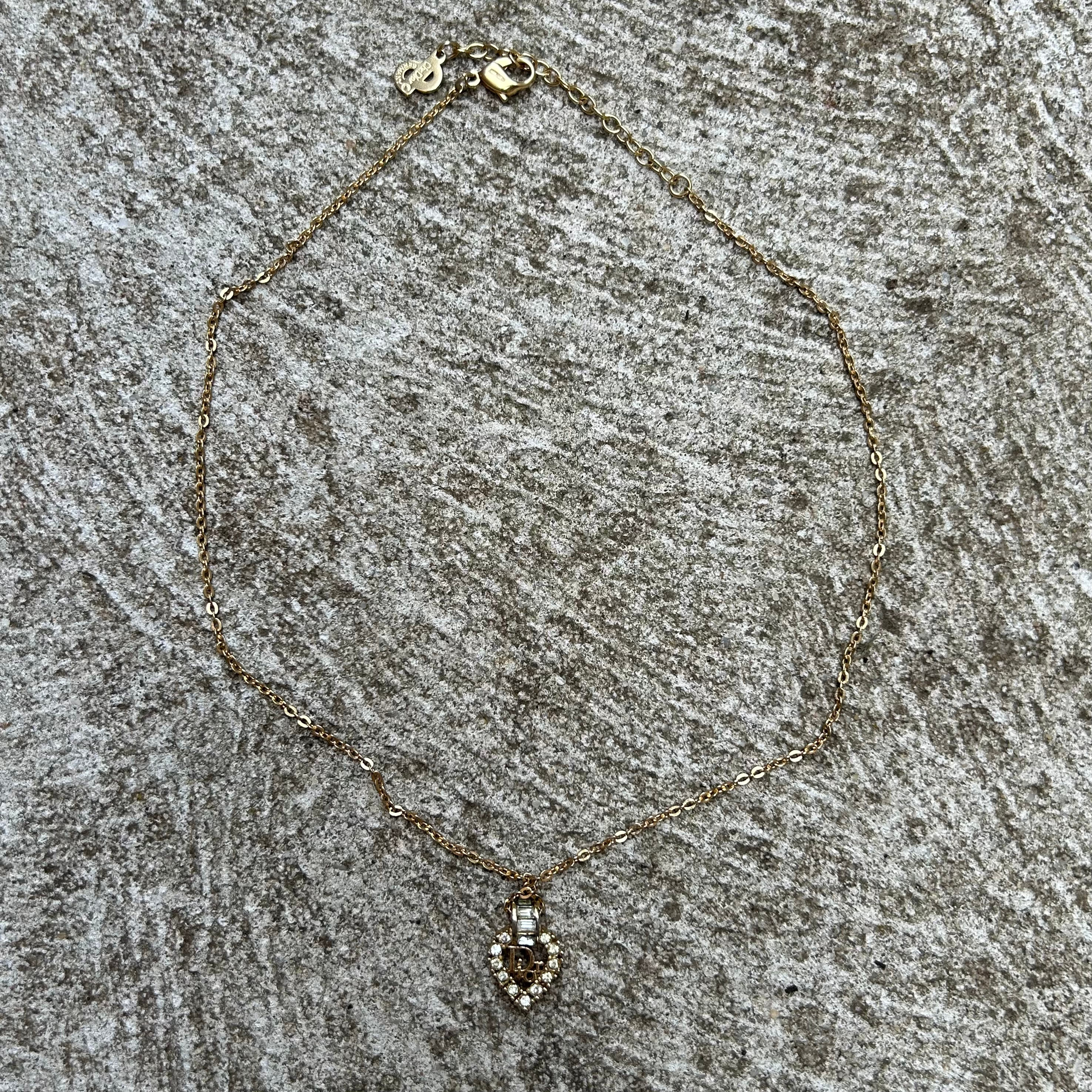 Vintage Christian Dior Spellout Rhinestone Charm Gold Necklace