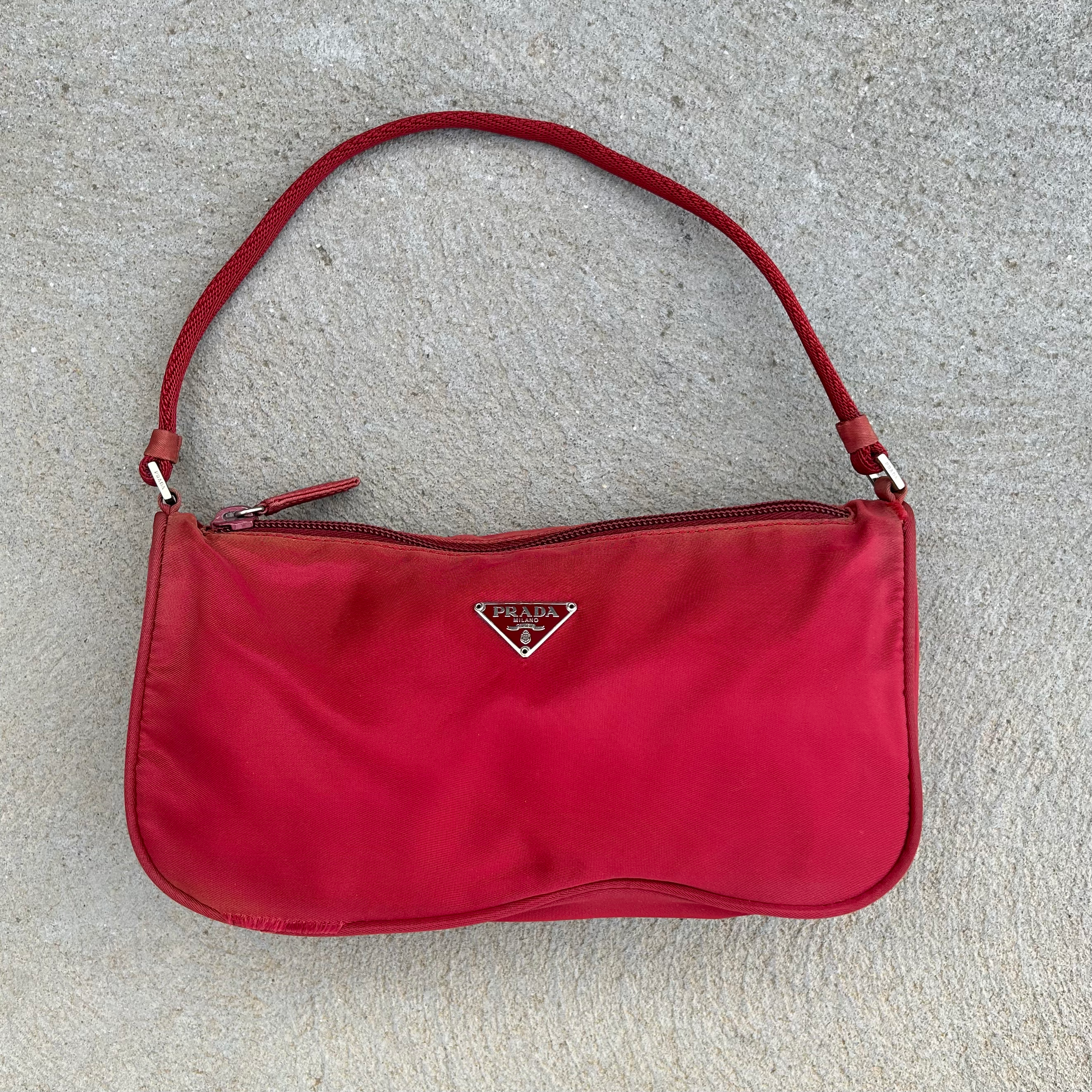 Vintage Prada Nylon Wine Red Pochette Hand Bag (Rare)