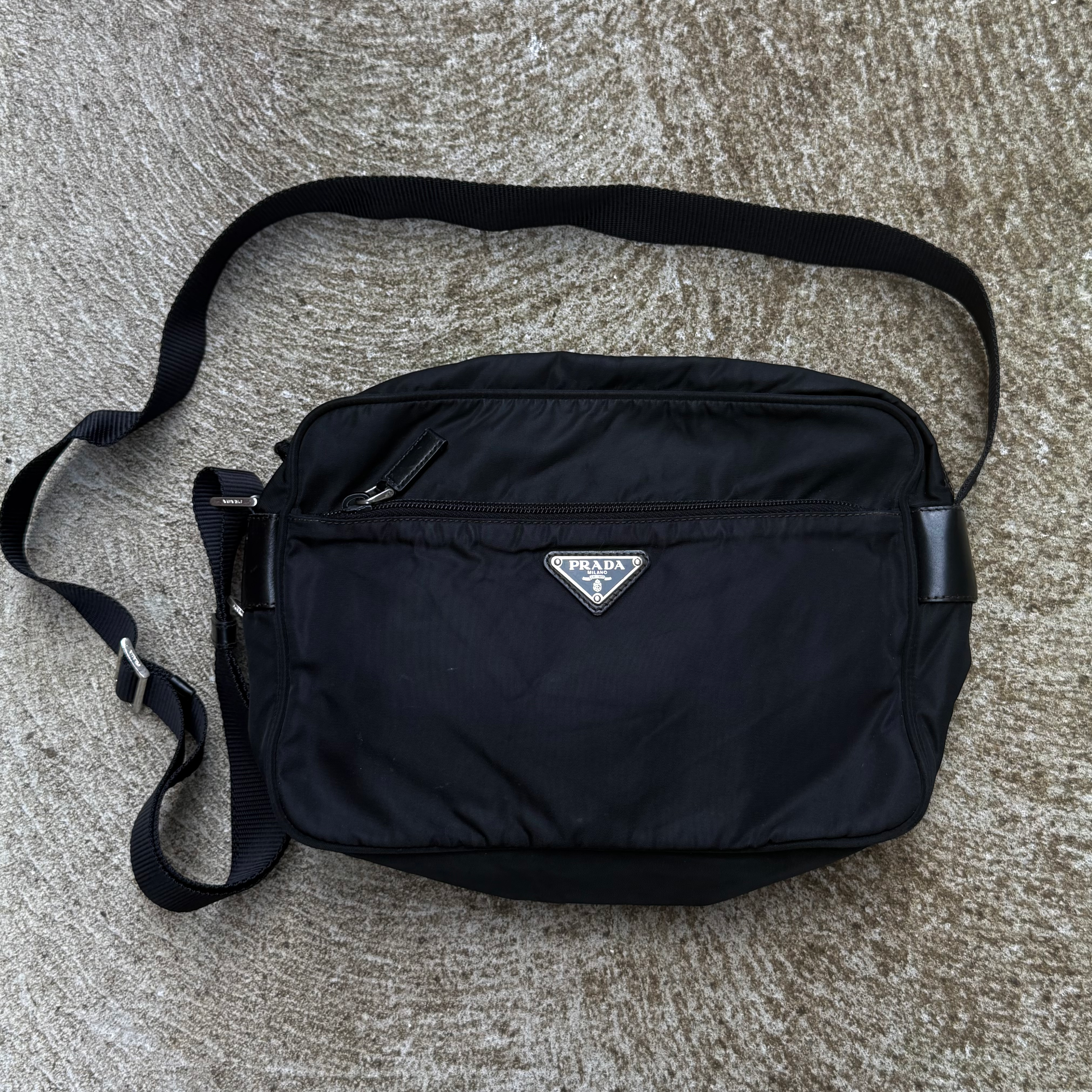 Prada Black Nylon Plate Logo Large Black Crossbody Bag (Rare)