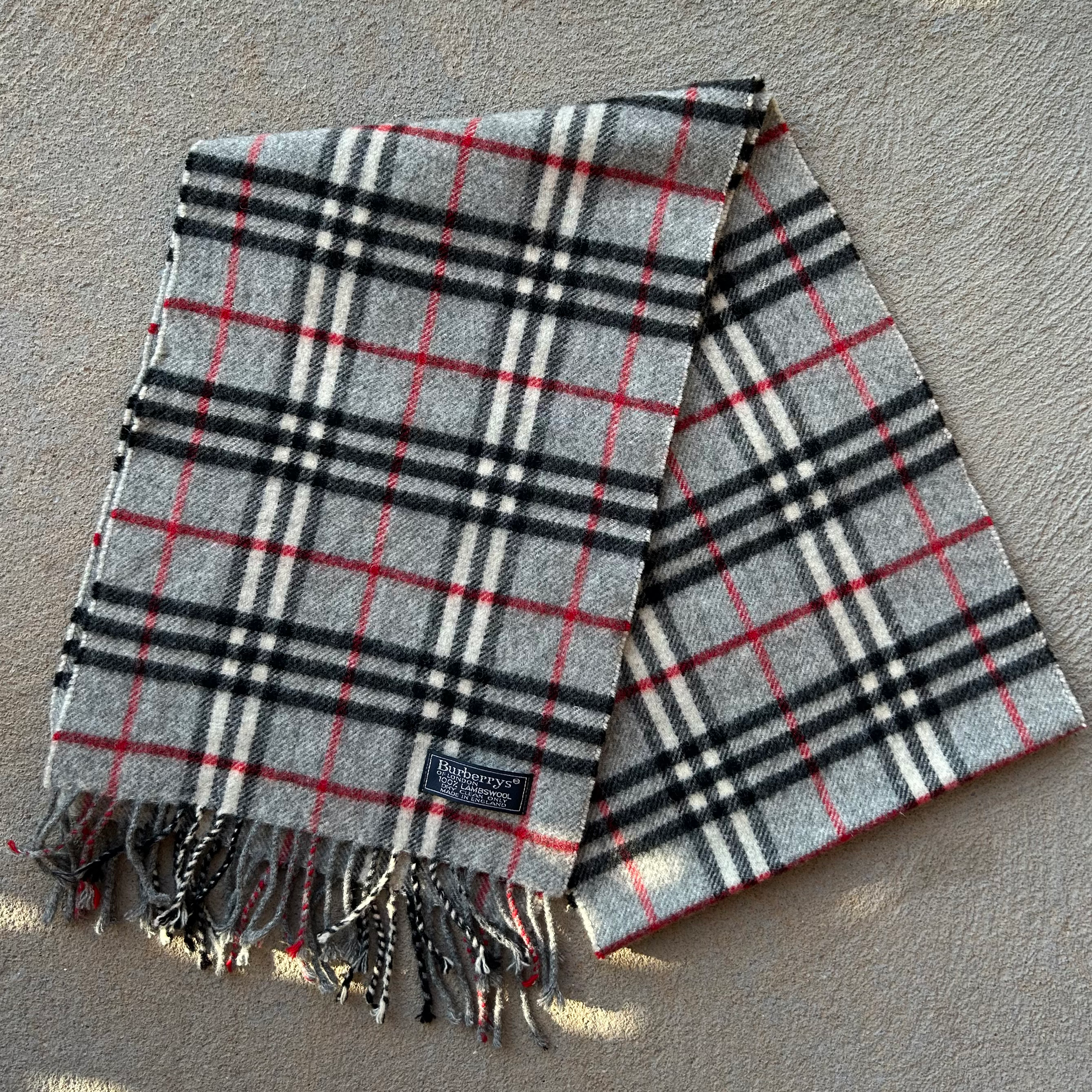 Vintage 90s Burberrys Grey Nova Check Lambswool Scarf