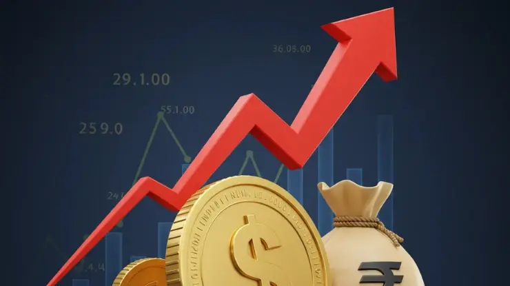 Red upward arrow over coins, a money bag, and graphs, symbolizing financial growth or profit increase.