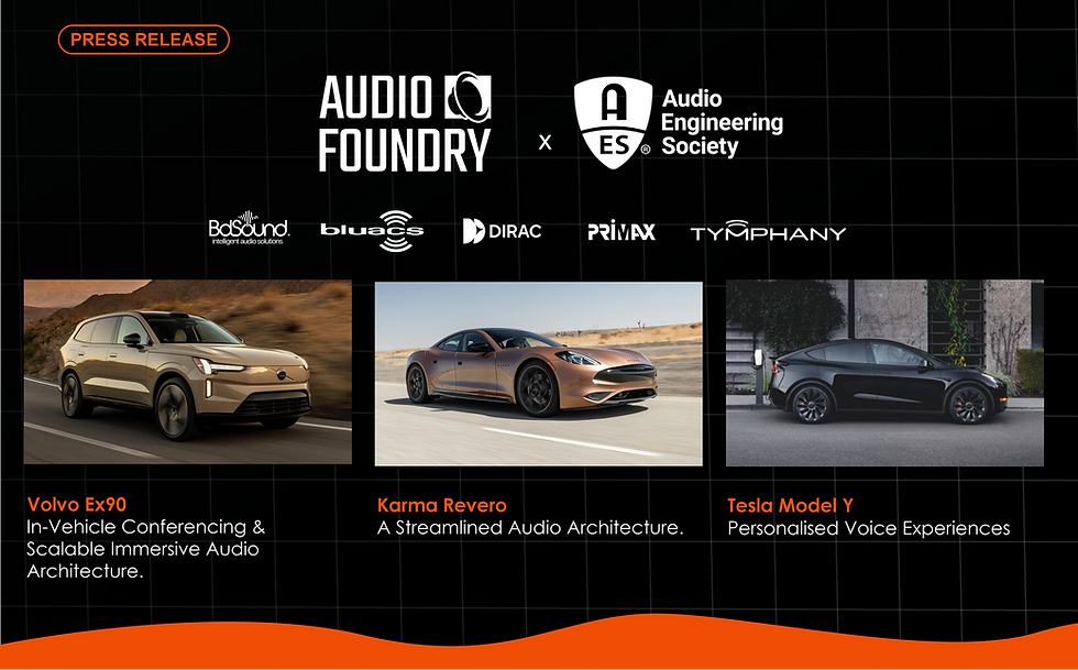 Three concept vehicles showcasing Audio Foundry’s future in-cabin audio and communication technologies at AES Detroit 2026