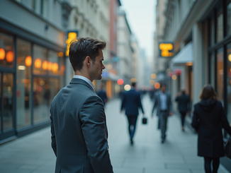 Man standing in a busy street with business professionals passing him.