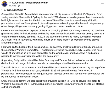 Australian Women's Pinball Representative