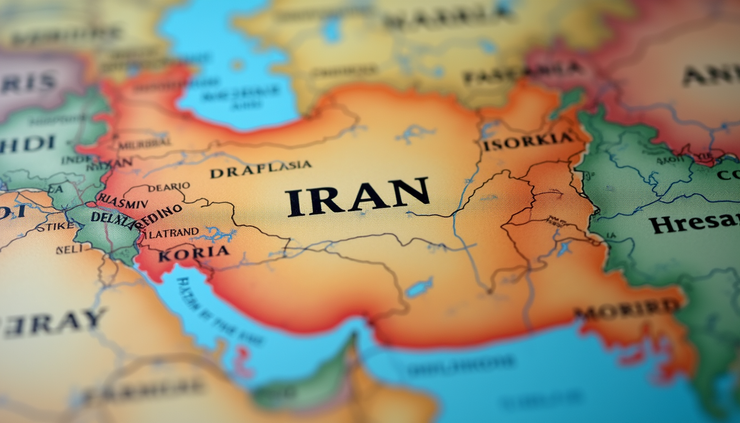 Close-up view of a map of Iran with markers indicating conflict zones