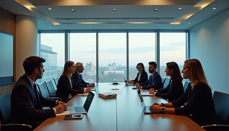 Eye-level view of a modern conference room in Brussels filled with young professionals engaged in discussion