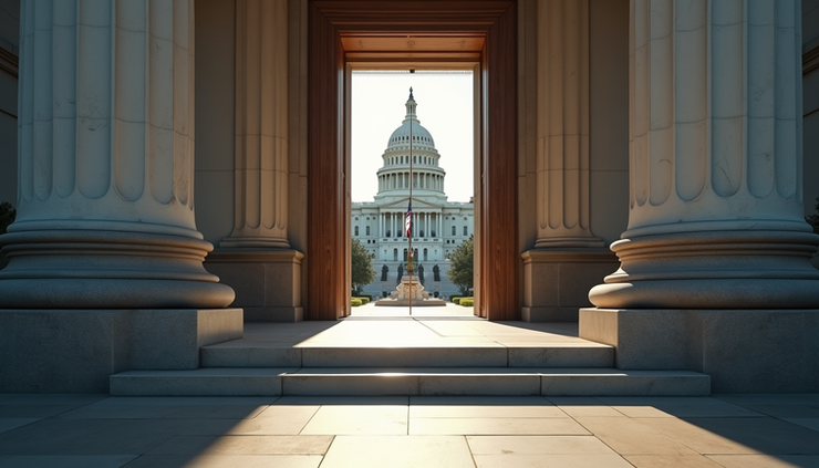 Eye-level view of a government building entrance with a flag waving outside