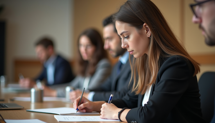 Close-up view of a young professional taking notes during a foreign policy seminar