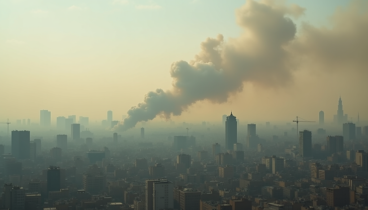 Eye-level view of Tehran’s skyline with smoke rising in the distance