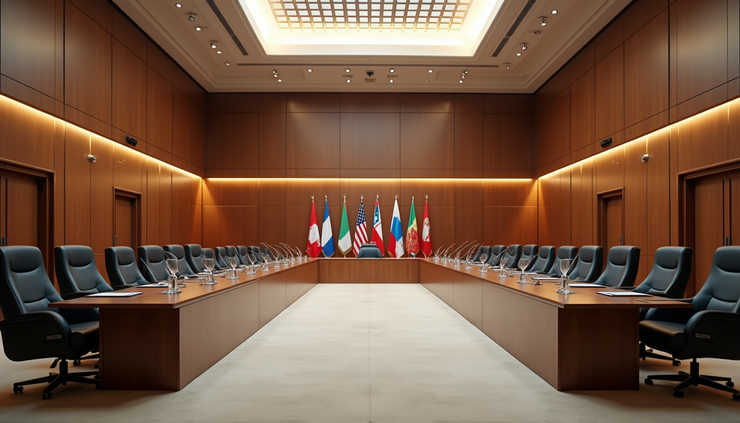 High angle view of a diplomatic meeting room with flags of Iran and international partners