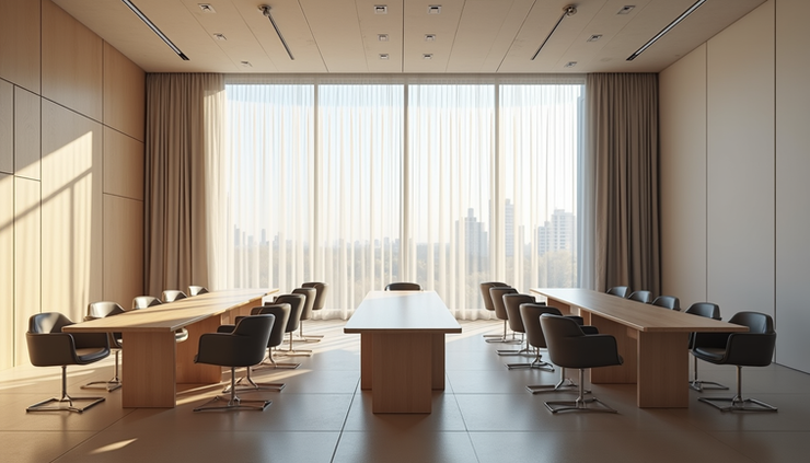 Eye-level view of a conference room set up for a foreign policy workshop
