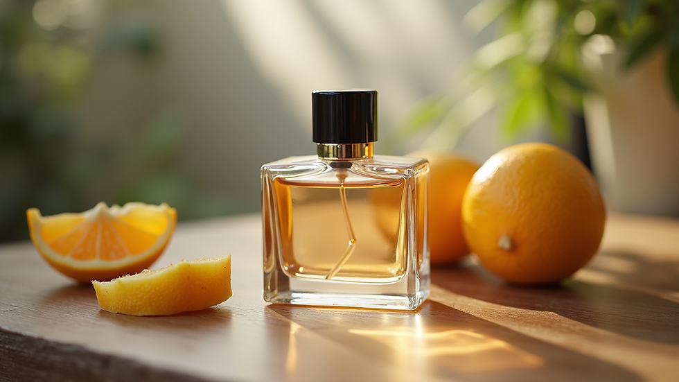 Close-up view of a perfume bottle with natural elements around it