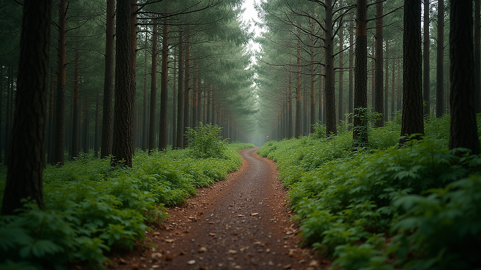 Eye-level view of a dense forest trail winding through tall trees