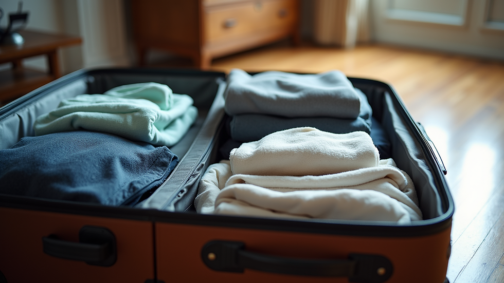 Eye-level view of a neatly packed suitcase with clothes and travel accessories