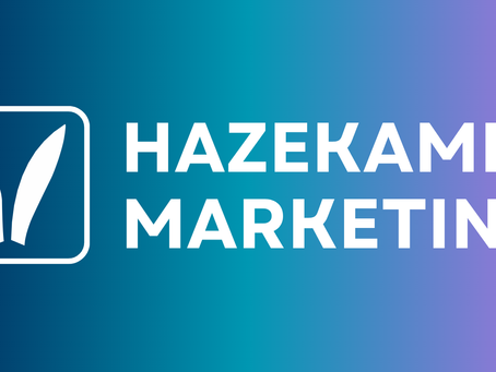 My logo in white with a blue, teal, and purple background