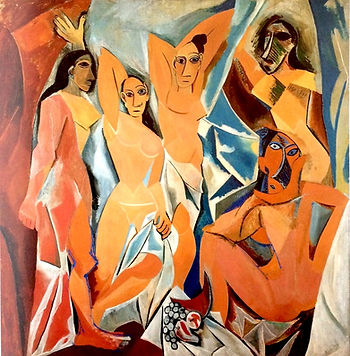 A photograph of Picasso's famous painting, Les Demoiselles d'Avignon, the painting that introduced modern cubism to the art world.