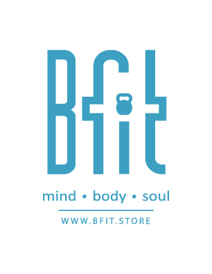 This is the logo for BFit Coaching. It is the letters BFit in teal with a kettlebell dotting the ''i'.
