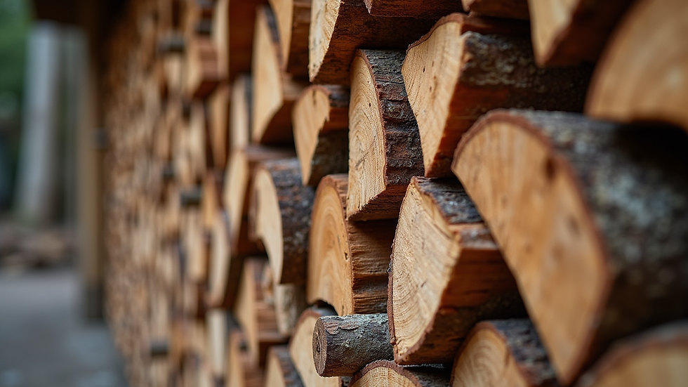 Close-up view of neatly stacked kiln-dried firewood