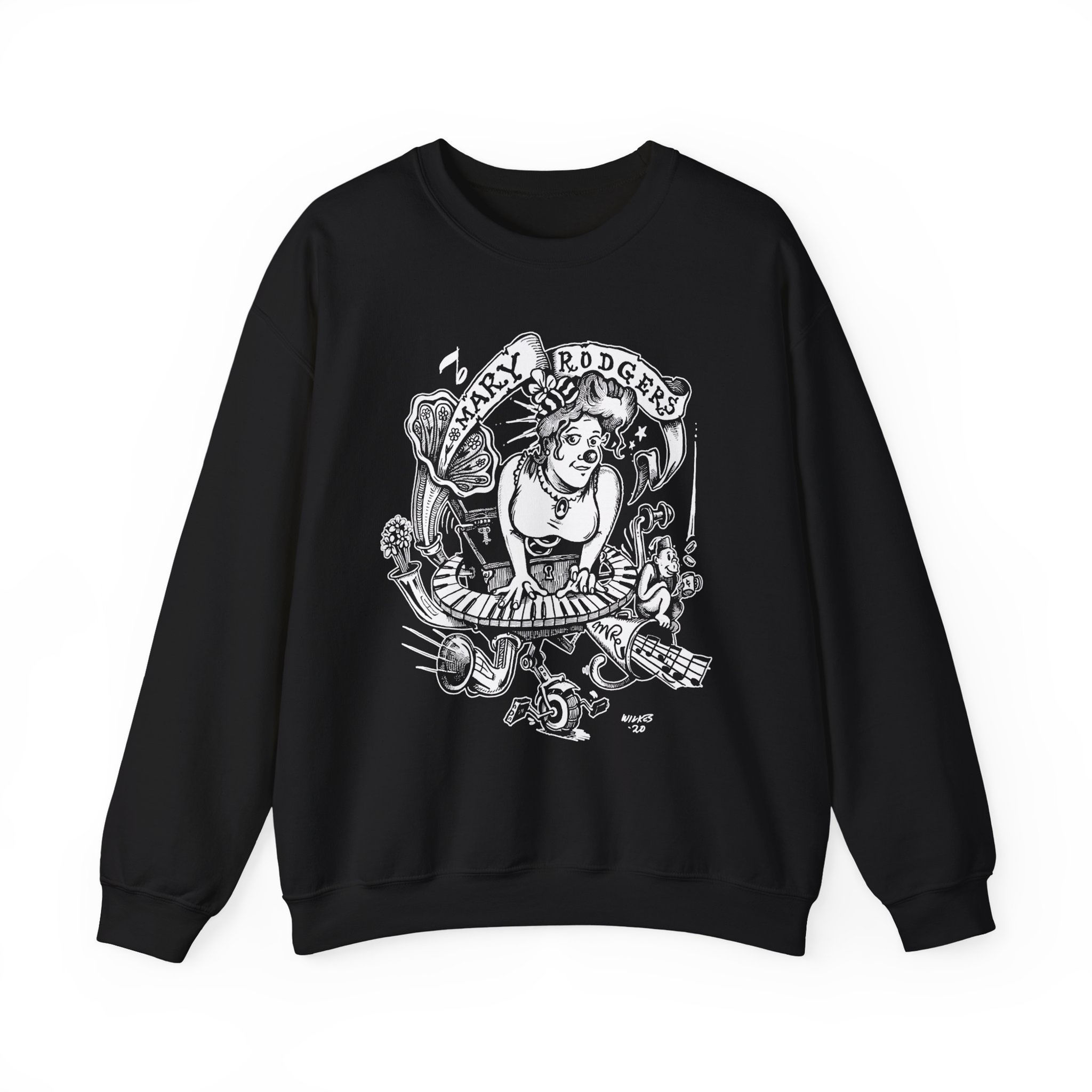 Crewneck Sweatshirt — Vintage Pinup Keyboardist Illustration (Mary Rodgers)