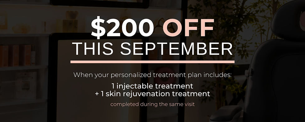 Promo poster in a med spa office reads $200 OFF THIS SEPTEMBER for injectable and skin rejuvenation treatments completed in one visit