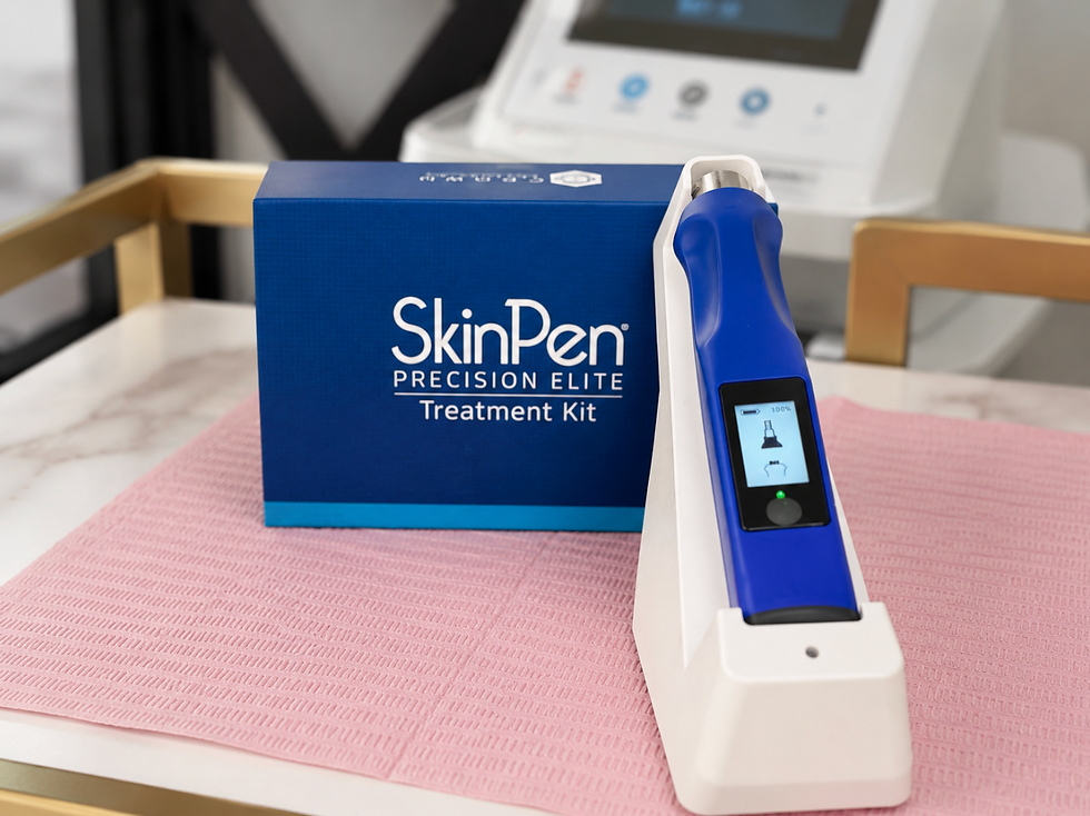 SkinPen Precision Elite treatment kit with blue handheld device in white stand on a pink mat, clinic background, display lit
