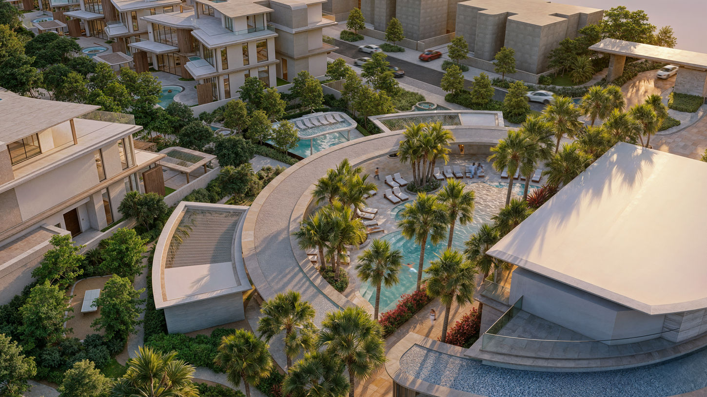 Aerial landscape view of luxury villas in Meydan Dubai with central pool, palm trees, and lush green spaces designed by Plenerr.