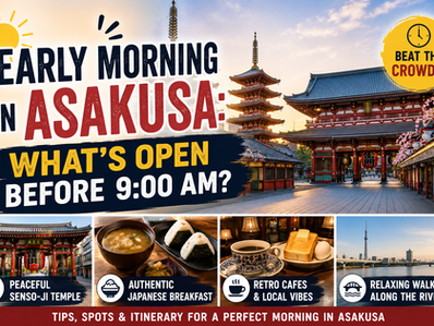 Start your day in Asakusa before the crowds arrive. Discover Senso-ji Temple, early breakfast spots, retro cafés, and the best places to visit before 9:00 AM.
