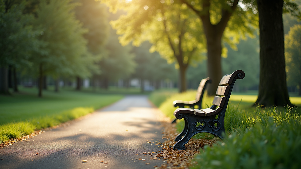 A peaceful park with benches and greenery