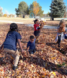 Children playing in autumn leaves