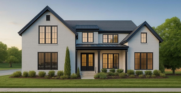 Exterior rendering of the Bayfront luxury custom home design by Apex Homes Florida featuring Craftsman styling, welcoming porch, and detailed trim accents.