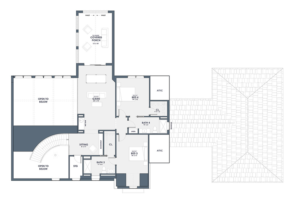 Second floor layout of the Sandcastle Plan by Apex Homes Florida showing multiple bedroom suites, open loft space, and views overlooking the foyer and living areas below.