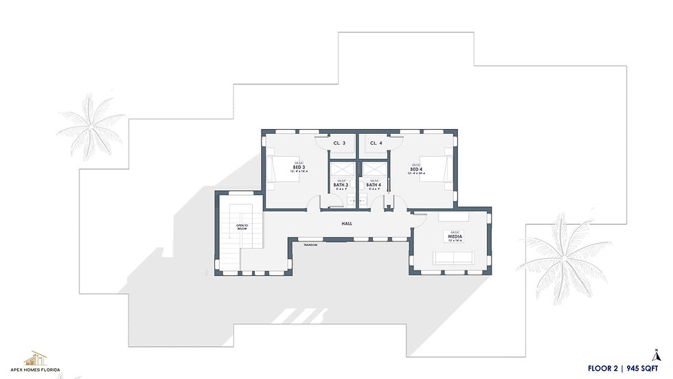 Second floor plan of the Oceanway Plan by Apex Homes Florida featuring modern bedroom layouts, loft spaces, and open views over the foyer.