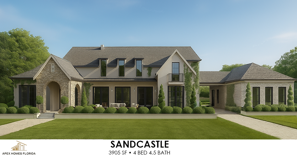Front elevation view of the Sandcastle Plan by Apex Homes Florida highlighting refined European styling, detailed trimwork, and a gracefully balanced façade with rustic charm that includes a sl.te tile roof and stone accents.