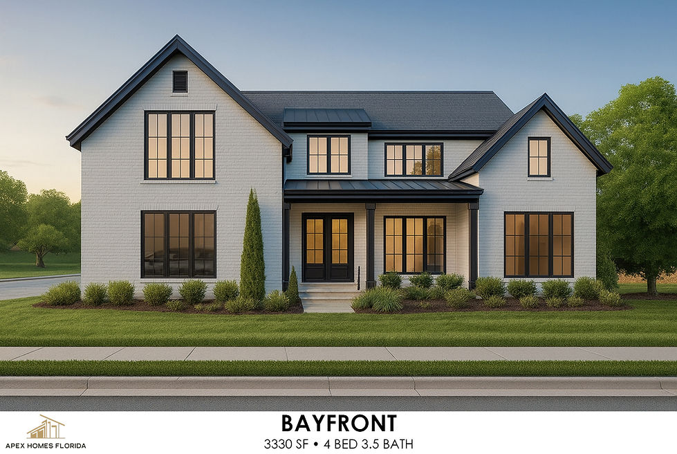 Bayfront Plan front elevation showcasing two-story Craftsman architecture with brick and metal roof accents and timeless curb appeal by Apex Homes Florida.