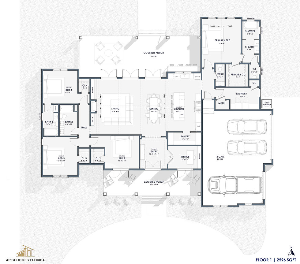 Riverbend Floor Plan by Apex Homes Florida — a single-story modern farmhouse design with open-concept living and spacious layout.