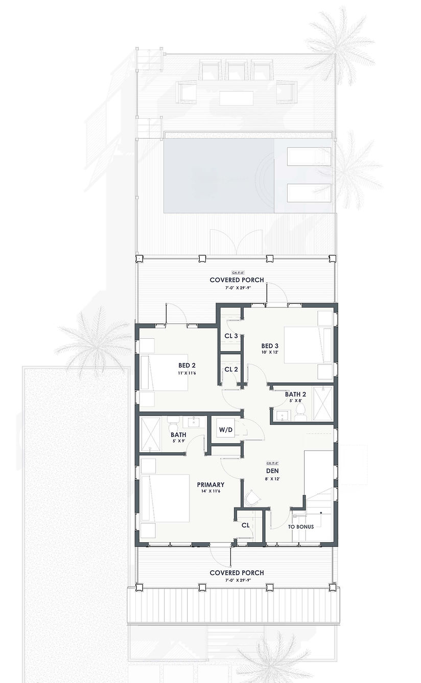 Second floor layout of the Surfside plan highlighting spacious bedrooms, private suites, and flexible living areas that maximize comfort and coastal views.