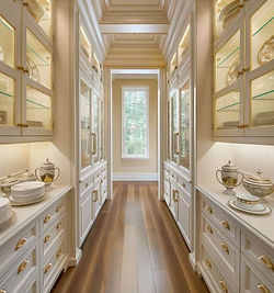 Luxury walk in pantry with Low Country styling and custom cabinets with under cabinet lighting and glass doors in the Shoreline Plan Jacksonville custom home.