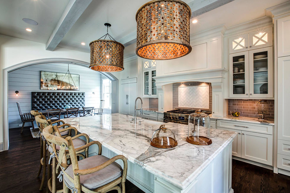 Open concept kitchen and living room in luxury custom home designed for functional floor plan
