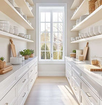 Luxury walk in pantry with built-in shelving and natural light in the Riverbend Plan farmhouse design in Jacksonville.