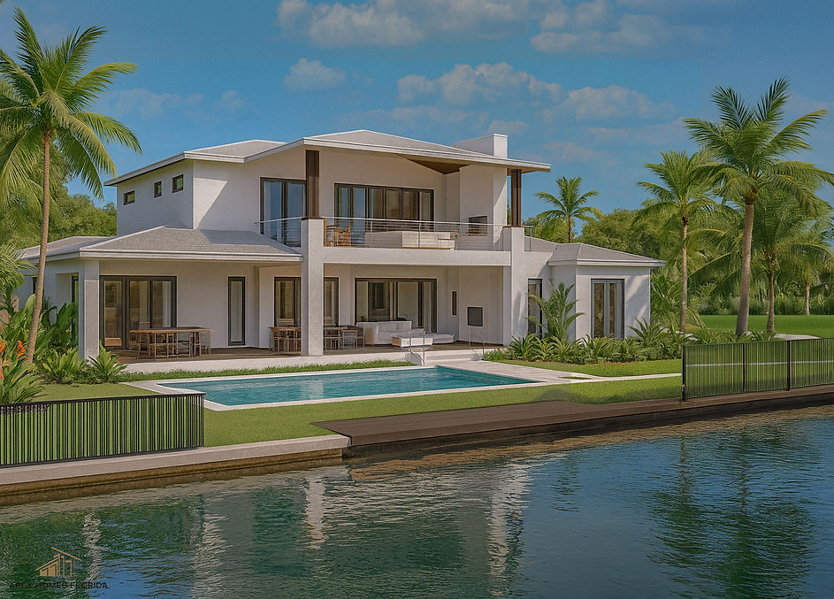 Rear elevation of the Seaview Plan by Apex Homes Florida highlighting expansive outdoor living, pool, spa, covered lanai, and Mediterranean architectural detailing.