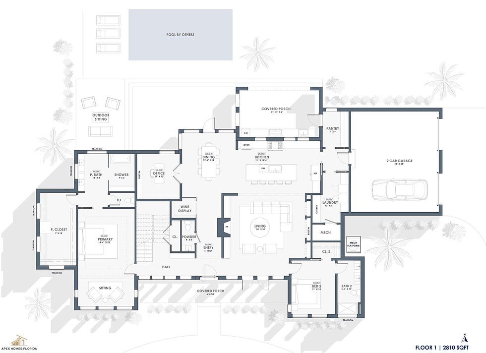 First floor plan of the Oceanway modern home design by Apex Homes Florida showing open living areas, great room, kitchen, dining space, prep kitchen, and expansive outdoor living transitions.