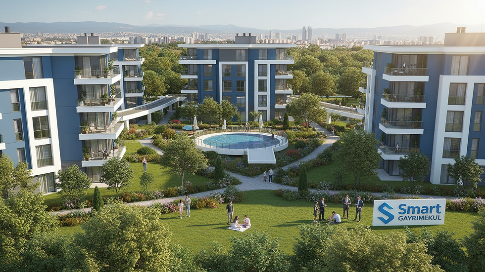 High angle view of a luxury apartment complex with landscaped gardens