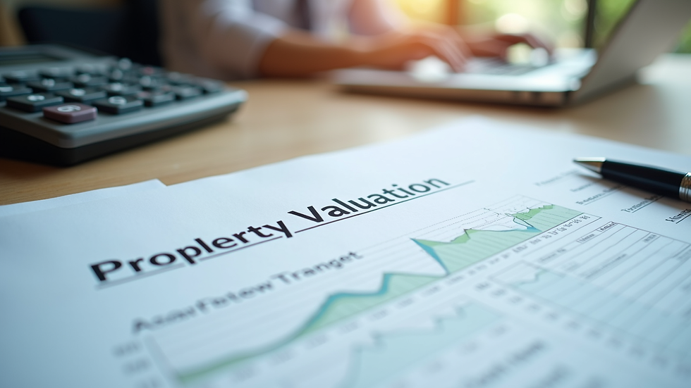 Close-up view of a property valuation report and calculator on a desk